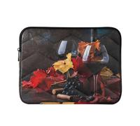 Zipper Laptop Messenger Bag, Case Sleeve Suitable for 15 in to 16 in Notebook Bag, Shoulder Strap Tablet Briefcase Print Autumn Fallen Leaves Wine Glasses Grapes Rustic Style