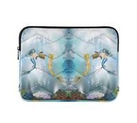 Zipper Laptop Messenger Bag, Case Sleeve Suitable for 15 in to 16 in Notebook Bag, Shoulder Strap Tablet Briefcase Print Two Mermaids Dolphins Sea Turtle Undersea World