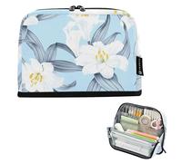 Zipper Pencil Pouch Large Pencils Case Pencil Storage Bag Boys Pen Bags Teen Girls Print Organizer Back to School Supplies Floral White Lilies Light Blue