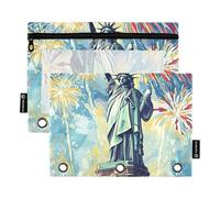 Zipper Pencil poucheses 3 Rings Binder with Clear Window Statue of Liberty is Standing Tall with Fireworks in Background Zippered Pencil case with Zipper Reinforced Grommets Pocket