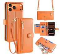 Zipper Purse for iPhone 17 Pro Case for Women with Crossbody Strap + Wrist Strap Shockproof Soft Glossy Leather Flip Magnetic Wallet Handbag 6 Card Slots Cover for iPhone 17 Pro Cosmic Orange