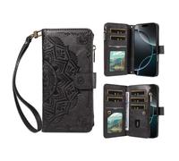 Zipper Wallet Case for Oneplus 15, Shockproof Premium PU Leather Phone Case Embossed Mandala with Card Slots Magnetic Closure Hand Strap Purse Pocket Kickstand Flip Cover,black