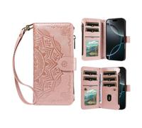 Zipper Wallet Case for Oneplus 15, Shockproof Premium PU Leather Phone Case Embossed Mandala with Card Slots Magnetic Closure Hand Strap Purse Pocket Kickstand Flip Cover,rose gold