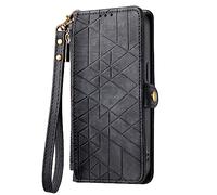 Zipper Wallet for Motorola Edge 60 Fusion Case Card Holder Geometric Figure PU Leather Magnetic Zip Purse Retro Handbag Pocket [Card Slots][Wrist Strap] Phone Case for Motorola Edge 60 Fusion,Black