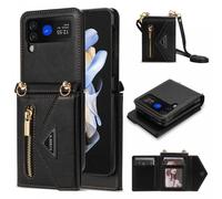 Zipper Wallet Purse for Samsung Galaxy Z Flip 4 5G Crossbody Case with Credit Card Holder Strap Lanyard(Black)
