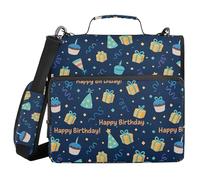 Zippered Binder Bag with Shoulder Strap & Handle Multi-Pocket 1.5 Inch 3 Ringing Portfolio Binder Bag Stationery Accessories Happy Birthday Navy Blue