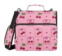 Zippered Binder Bag with Shoulder Strap & Handle Multiple Pockets 1.5 Inch 3 Ringing Pencil Case Portfolio Binder Documents Files Organizer Cartoon Heart and Cherry