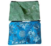 Zippered Jewelry Storage Bags for Travel Tassel Zip Purse Pouch Large Silk Brocade Bag Floral Makeup Cell Phone Cloth Pouch (green and sky blue (2 pcs pattern random))