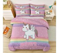 Zippered Microfibre Quilt Cover Set Single, Magical Unicorn & Celestial Stars, Reversible Navy Blue Bedding for Student Dorm, Kids