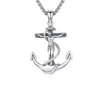 ZIPPICE Crucifix Necklace 925 Sterling Silver Jesus Cross Anchor Necklace Jesus Cross Chain Amulet Pendant Christmas Jewellery Gift for Men Women with 2.5mm 22"+2" Stainless Steel Chain