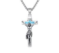 ZIPPICE Crucifix Necklace Men 925 Sterling Silver Catholic Cross Pendant Crucifix Cross Pendant with 22”+2” Stainless Steel Chain Amulet Necklace Christmas Jewellery Gifts for Men Women (Turquoise)