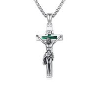 ZIPPICE Crucifix Necklace Men 925 Sterling Silver Catholic Cross Pendant Crucifix Cross Pendant with 22”+2” Stainless Steel Chain Amulet Necklace Christmas Jewellery Gifts for Men Women (Malachite)