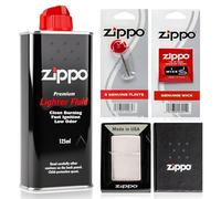 Zippo Lighter Chrome Brushed with Zippo Lighter Fluid 125ml, Zippo Wick & Zippo Flints | Genuine Refillable Windproof Pocket Lighter Gift Set