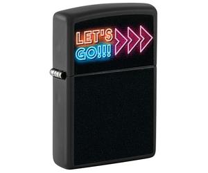 Zippo Lighter: Let's Go, Neon Sign with Blacklight - Black Matte 46084