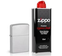 Zippo Lighter + Zippo Lighter Fluid 125ml - Chrome Brushed Refillable Windproof Pocket Lighter, Premium Fuel, Outdoor Camping Torch, Travel Lighter, Durable Flame Accessory