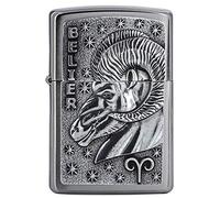 Zippo Storm Lighter, Zodiac - Belier, Brushed Chrome, Emblem, Refillable, Reusable, Windproof Design, Gift Box, Made in the USA
