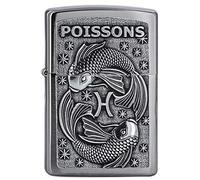 Zippo Storm Lighter, Zodiac - Poissons, Brushed Chrome, Emblem, Refillable, Reusable, Windproof Design, Gift Box, Made in the USA
