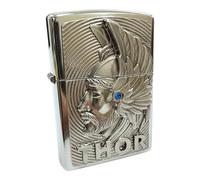 Zippo Thor 3D emblem windproof lighter with blue Swarovski Element, limited edition, 0001/1000-1000/1000 chrome brushed platinum finish, hand brushed, protective coating, silver,