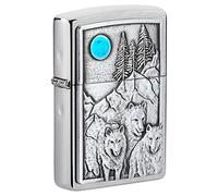 Zippo Unisex's Emblem Pocket Lighter, Brushed Chrome Wolf Pack and Moon, One Size