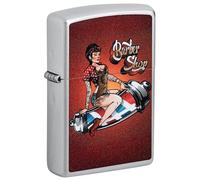 Zippo Windproof Lighter, Barber Shop Pin-Up, Satin Chrome, Colour Image, Refillable, Reusable, Windproof Design, Gift Box, Made in USA