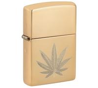 Zippo Windproof Lighter - Cannabis Leaf, High Polish Brass, Double Lustre - Refillable - Reusable - Windproof Design - Gift Box - Made in USA