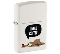Zippo - Windproof Lighter, Coffee Sloth Design, Matt White, Colour Image, Refillable, Reusable, Windproof Design, Gift Box, Made in the USA