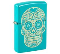 Zippo Lighter, One Box, 48090-000002, Metal, Flat Turquoise-Sugar Skull Día de Los Muertos