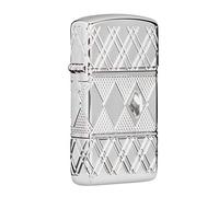 ZIPPO - Windproof Lighter, Diamond Pattern Design, Emblem Attached / 360° Multi Cut, Slim Armor® High Polish Chrome, Refillable, In Gift Box