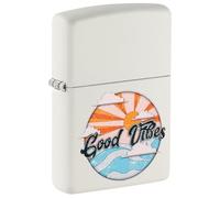 Zippo Windproof Lighter - Good Vibes Model - White Matte Finish with Colour Image - Refillable - Reusable - Windproof Design - Gift Box - Made in USA