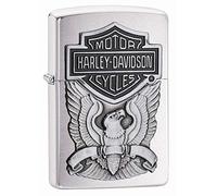 Zippo Windproof Lighter - Harley Davidson - Brushed Chrome, Emblem - Refillable, Lifetime Use - Adjustable Flame - Gift Box - Metal Construction - Made in USA