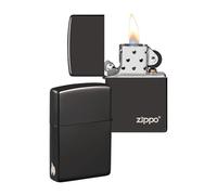 Zippo Windproof Lighter - Logo & Flame - High Polish Black, Laser Engrave - Refillable for Lifetime Use - Adjustable Flame - Gift Box - Metal - Made in USA