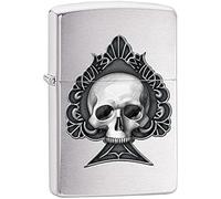 Zippo Windproof Lighter - Model Ace Skull - Brushed Chrome Finish with Colour Image - Refillable - Reusable - Windproof Design - Gift Box - Metal - Made in USA