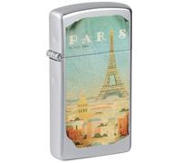 Zippo Windproof Lighter - Paris, Slim Satin Chrome, Colour Image, Refillable, Reusable, Windproof Design, Gift Box, Made in USA