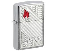 Zippo Windproof Lighter, Red Logo Tiles Pattern Design - Brushed Chrome, Emblem - Refillable, Reusable, Windproof Design - Comes in Gift Box - Made in USA