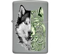 Zippo Windproof Lighter - Tattoo Wolf Model in Colour Image - Flat Grey Finish - Refillable - Reusable - Windproof Design - Gift Box - Made in USA