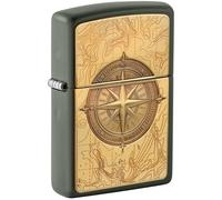 Zippo Windproof Lighter - Topographic Compass, Green Mat, Emblem - Refillable - Reusable - Windproof Design - Gift Box - Made in USA