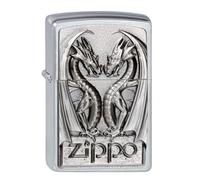 Zippo Windproof Lighter - Two Dragons Emblem - Brushed Chrome Finish - Refillable - Reusable - Gift Box - Metal - Made in USA