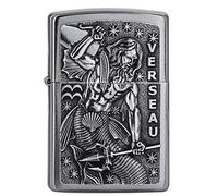 Zippo Windproof Lighter, Zodiac Aquarius Design - Brushed Chrome, Emblem - Refillable, Reusable, Windproof Design - Comes in Gift Box - Made in USA