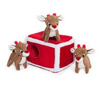 ZippyPaws - Holiday Burrow, Interactive Squeaky Hide and Seek Plush Dog Toy - Reindeer Pen