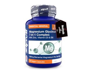 Zipvit Magnesium Glycinate 7-in-1 Complex, 1800mg with 388mg Elemental, High Absorption with Bisglycinate, Malate, Citrate, Oxide, Plus Vitamin D3, B6 & Zinc, 120 Capsules, Vegan Magnesium Supplements