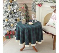 ZIQINPSQ Gingham Round Tablecloth Dining Cover Blue & Green 140cm | Soft Woven Texture With Elegant Tassel Edges, Ideal for Dining Rooms, Kitchens, Outdoor Gatherings and Special Occasions