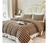 ZIQINPSQ Ruffle Duvet Cover Set Double Size, French Country Style Bedding | Soft Brushed Fabric, Timeless Checked Style for Cosy Bedrooms, Guest Rooms and Everyday Elegance, Brown
