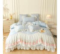 ZIQINPSQ Ruffle King Duvet Cover Set Floral Bedding Set,Romantic French Princess Style Breathable Microfiber Comforter Cover(Insert Not Included), Light Blue
