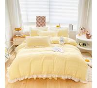 ZIQINPSQ Seersucker Duvet Cover Set Ruffle Duvet Cover Bedding Set,Romantic French Princess Style Ruffled Duvet Cover with Zipper Closure (Yellow, Single)