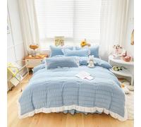 ZIQINPSQ Seersucker Duvet Cover Set Ruffle Duvet Cover Bedding Set,Romantic French Princess Style Ruffled Duvet Cover with Zipper Closure (Blue, Super King)