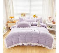 ZIQINPSQ Seersucker Duvet Cover Set Ruffle Duvet Cover Bedding Set,Romantic French Princess Style Ruffled Duvet Cover with Zipper Closure (Purple, King)