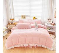 ZIQINPSQ Seersucker Duvet Cover Set Ruffle Duvet Cover Bedding Set,Romantic French Princess Style Ruffled Duvet Cover with Zipper Closure (Pink, King)