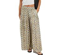 Ziqoty Womens Wide Leg Pants Flowy High Elastic Waist Loose Printed Beach Boho Yoga Casual Long Trousers, Khaki, S