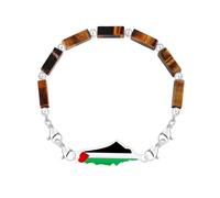 Zircobic Adjustable Unisex Middle Eastern Style Bracelet with Rectangular Tiger Eye and Platinum Palestinian Flag Charm - Suitable for Daily and Party Wear
