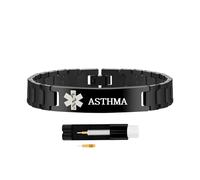 Zircobic Asthma Medical Alert Bracelet - Black Stainless Steel, Laser Engraved, Waterproof and Hypoallergenic, Sleek Design for Active and Daily Use